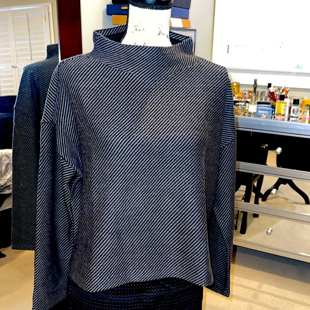 NWT Eileen Fisher diagonal stripe funnel neck sweater Italian Extra fine Merino